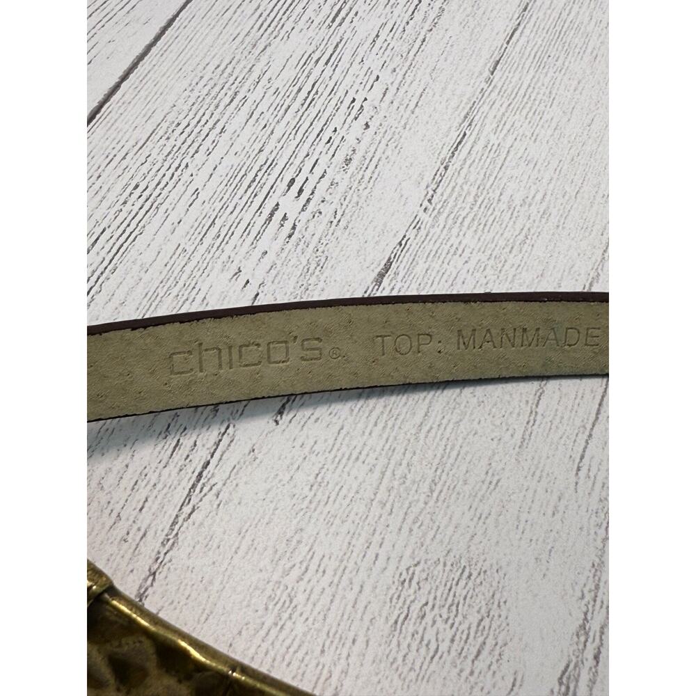 Chico's Hammered Brass Brown Leather Adjustable Belt Artsy Boho Small Medium - Picture 3 of 14